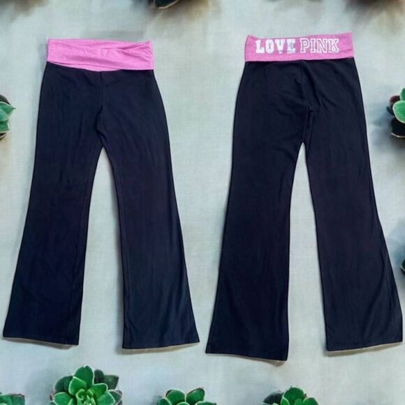 Y2K VS PINK M Foldover Black Flare Leggings Pink Silver Logo Low Rise Vtg - Picture 1 of 15